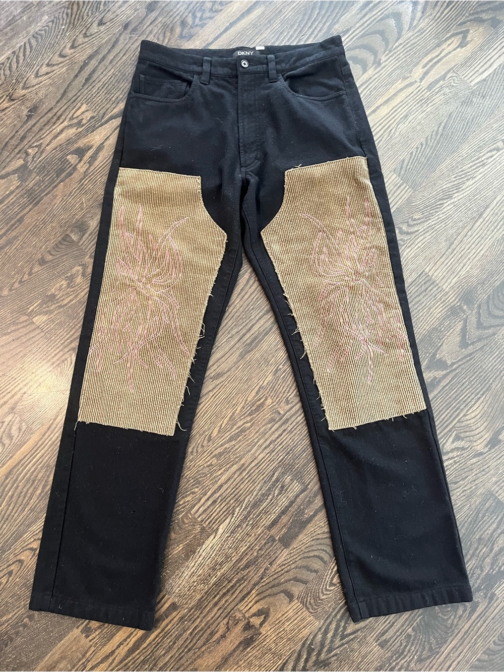 DKNY Black Wool Blend Tan Corduroy Patch Y2K High Rise Pants Waist Size 31